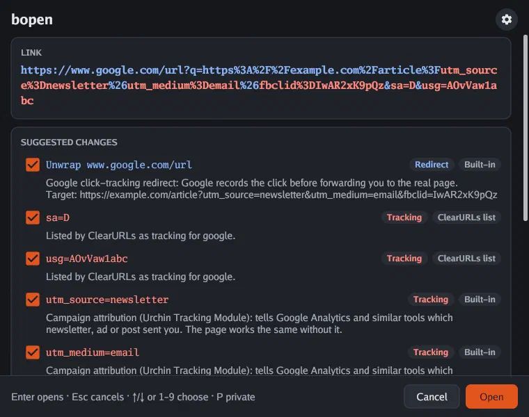 bopen’s inspector showing a Google redirect link, with the redirect wrapper, sa, usg, utm_source and utm_medium highlighted and listed below with a reason for each