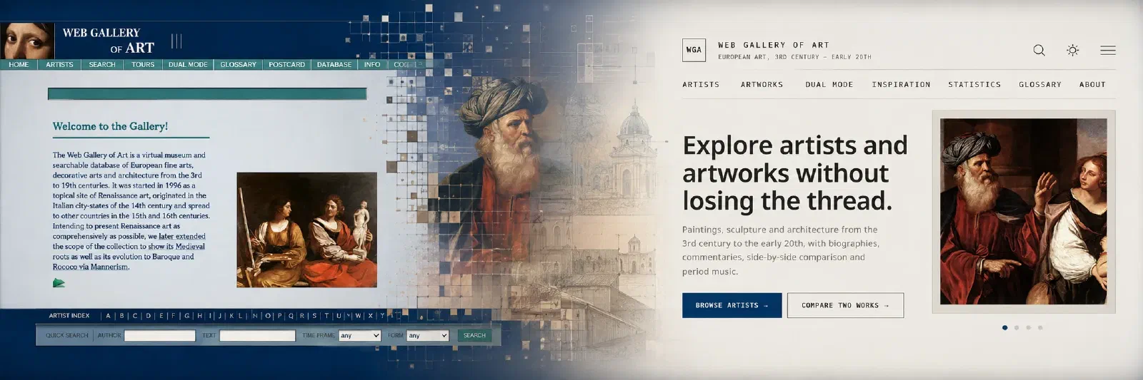 The original Web Gallery of Art homepage with its blue frames and menu bar, dissolving into the new, light, responsive WGA homepage